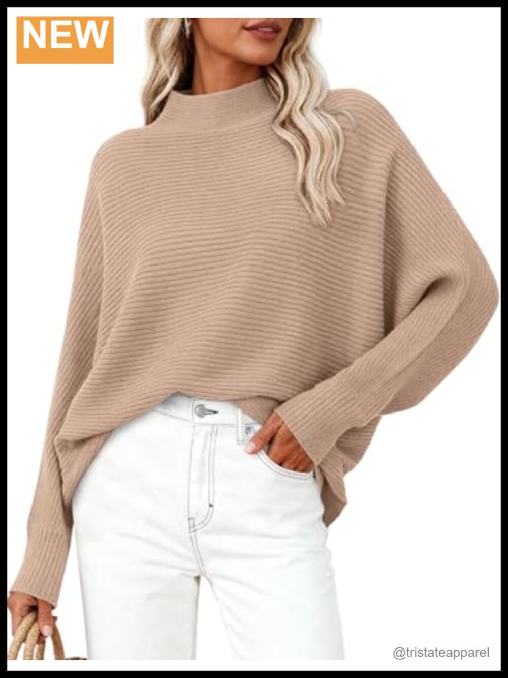 Women's Batwing Sleeve Ribbed Knit Pullover Sweater Mock Neck Oversized